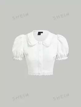 MOD Укороченная блузка, кружевной край, рукава-фонарики Shein, белый