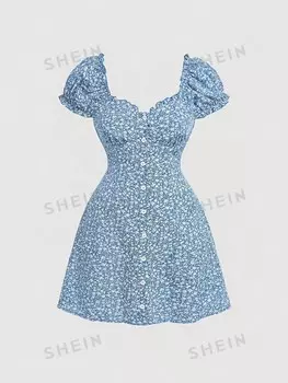 MOD Винтажное белое платье больших размеров Грибная граница и цветочный узор Shein, синий