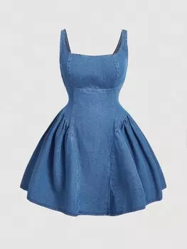 MOD Винтажное джинсовое короткое платье в форме сердца с украшением в виде банта Платье с бретелькой на шее Платье для учителей Shein, синий