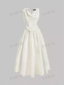 MOD Жаккардовое платье, открытые плечи, бант на талии, плиссированные рюши. Для специальных размеров Shein, абрикосовый