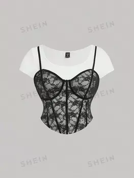MOD Женская футболка больших размеров, черно-белое кружево, низ в цветочную полоску, рубашка-блокбастер, искусственная футболка из двух частей, футболка с цветочным принтом Shein, черно-белый
