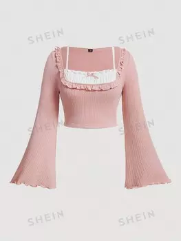 MOD Женская футболка больших размеров, колор-блок, плиссированная отделка, расклешенные рукава Shein, розовый