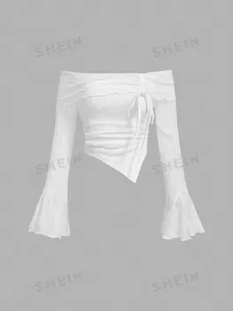 MOD Женская футболка, открытые плечи, рукава расклешенные, плиссировка Shein, белый