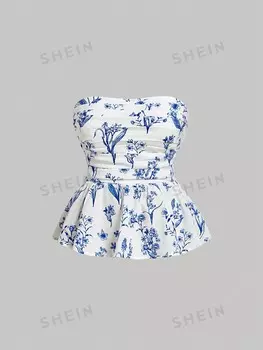 MOD Женская летняя плиссированная блузка без бретелек синяя Shein, синий