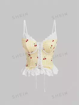 MOD Женская майка на бретельках, узор в клетку и вишневый цвет, вырезы, вышивка, перекрещивающиеся бретели, узлы на плечах Shein, желтый