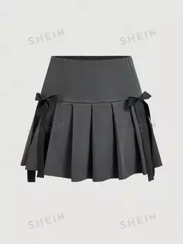 MOD Женская мода больших размеров Свободная плиссированная юбка с бантом Юбка-кокетка Shein, серый
