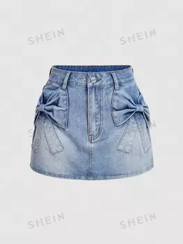 MOD Женская модная мини-джинсовая юбка с бантом Shein, голубой