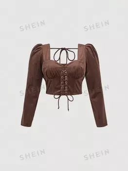 MOD Женская рубашка с длинным рукавом, большого размера, традиционного фасона, темно-коричневого цвета с отверстиями для пуговиц Shein, коричневый