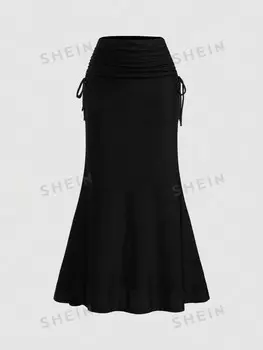 MOD Женская юбка, завышенная талия, сбоку, кулиска на талии, плиссированный низ и длинная юбка-русалка, черная Shein, черный