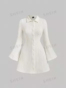 MOD Женская зимняя одежда Белый ребристый трикотаж, рукава-колокольчики идеально подходят для осени/зимы Shein, белый