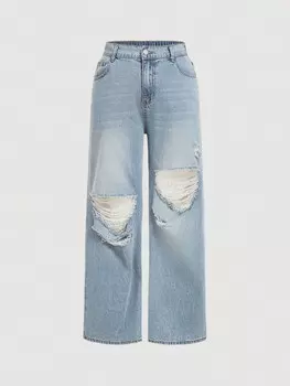 MOD Женские Повседневные Широкие джинсы больших размеров Рваные синие Shein, светло-голубой