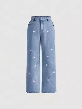 MOD Женские повседневные широкие синие джинсы больших размеров с вышивкой в виде сердечек ко Дню святого Валентина Shein, светло-голубой