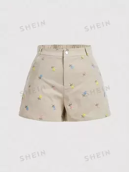 MOD Женские вельветовые шорты больших размеров с высокой талией и милой цветочной вышивкой Shein, хаки
