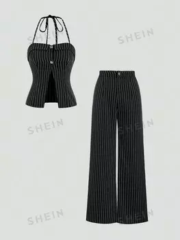 MOD Женский полосатый комплект из топа с лямкой на бретельках и длинных брюк Shein, черный