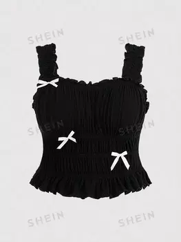 MOD, Женский топ на бретельках больших размеров с бантом, плиссированной отделкой и оборками на лето Shein, черный