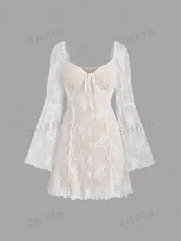 MOD Женское кружевное платье, рукава расклешенные, завязка спереди Shein, белый