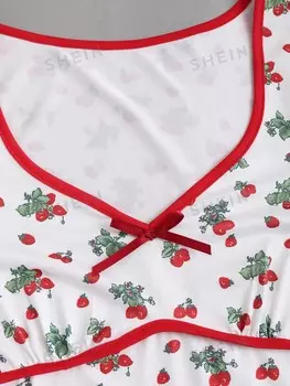 MOD Женское летнее элегантное платье с вишневым принтом и вырезом в виде сердца с короткими рукавами Shein, белый