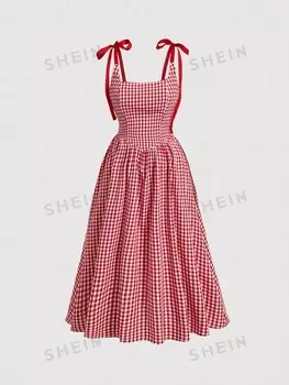 MOD Женское летнее платье больших размеров, клетчатый узор, бретельки-спагетти, с деталями в виде узла на плече Shein, красный