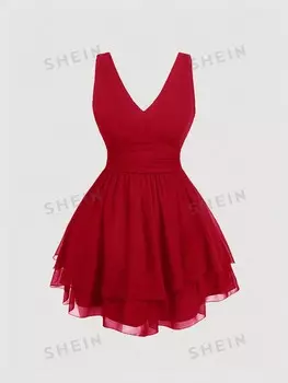 MOD Женское платье больших размеров, многослойное, подол, талия, плиссировка, черное Shein, красный