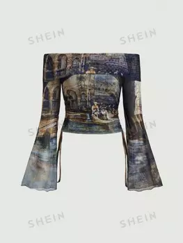 MOD Женское платье больших размеров с открытыми плечами и рукавами-колокольчиками в стиле ретро Shein, мультиколор