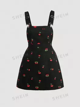 MOD, Женское платье больших размеров с вишневым принтом, передними накладными карманами и боковой молнией, летнее платье для выхода на улицу Shein, черный