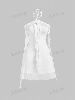 MOD Женское платье из эластичной сетки, отложной воротник, декор в виде банта на шее, красное Shein, белый