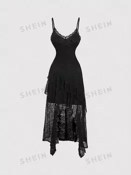 MOD Женское платье, Однотонное, ажурное кружево, сексуальный одиночный ремешок, выпускное платье, Женское рабочее платье, платье для чаепития, платье для Женской вечеринки Shein, черный
