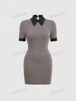 MOD Женское платье, приталенного кроя, короткие рукава, притачной рисунок ткани, воротник Shein, мультиколор