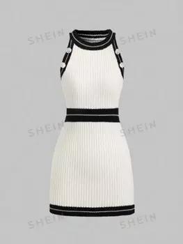 MOD Женское повседневное платье-свитер без рукавов с цветными блоками на весну и лето Shein, черно-белый
