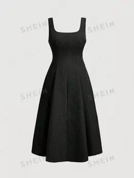 MOD Женское синее Облегающее платье средней длины размера плюс с квадратным вырезом и потертыми деталями для свиданий Shein, черный