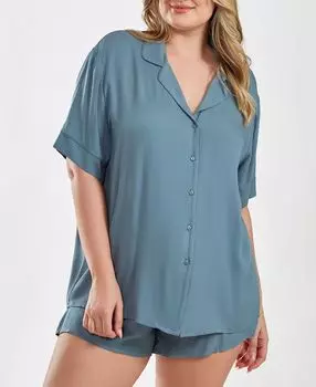 Модальная рубашка с пуговицами спереди и воротником с узлом и шорты с эластичной резинкой на талии, комплект из 2 предметов iCollection, синий