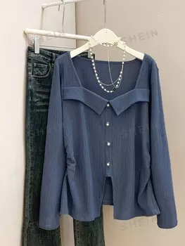 Модельная футболка с длинными рукавами Воротник-сердечко для женщин больших размеров, однотонный, элегантный образ для весны и лета, повседневный наряд, новая футболка для осени и зимы Shein, синий