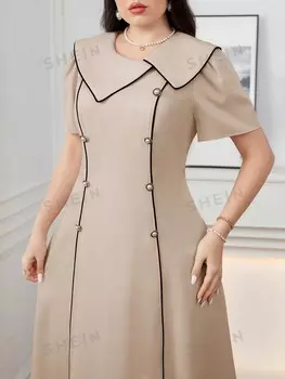 Модельно-элегантное двубортное платье больших размеров в стиле колор-блок с закатанным подолом для лета Shein, коричневый