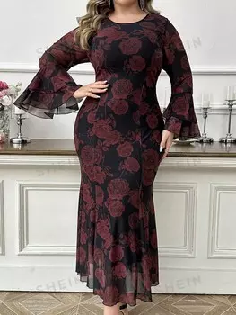 Модельное элегантное платье женщины больших размеров Случайный цветочный принт, круглый вырез, рукава-колокольчики, удлиненный низ, Облегающее платье из сетки Shein, черный