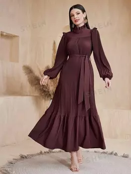 Модельное арабское платье с рюшами, овальным вырезом, расклешенными рукавами и плиссированными концами для женщин Shein, коричневый