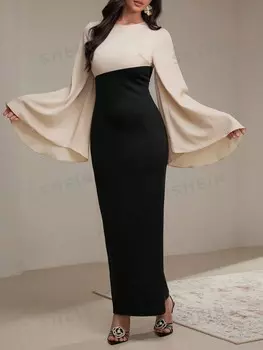 Модельное Длинное платье с Длинными рукавами, Однотонная ткань, стиль пэчворк, легкий в освоении дизайн. Одежда для женщин Shein, мультиколор