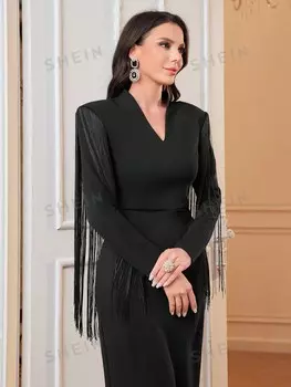 Модельное, облегающее платье, с бахромой по краю, разрезом сзади Shein, черный