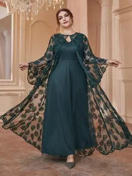 Модельное пальто, больших размеров, Однотонное, с рюшами на рукавах, кружево Shein, темно-зеленый