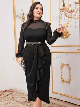 Модельное платье больших размеров с блестящими пайетками и сеткой в стиле пэчворк, с рюшами и запахом по подолу, с меховыми манжетами, элегантное вечернее платье макси Shein, черный