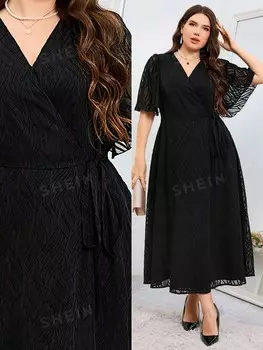 Модельное платье больших размеров с завязками на талии, Однотонное, с вырезом, завязками Shein, черный