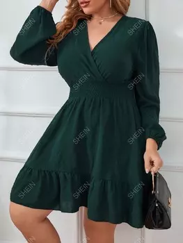 Модельное платье больших размеров, узор «швейцарский горошек», глубокий V-образный вырез, складки на кулиске, оборчатый низ Shein, темно-зеленый