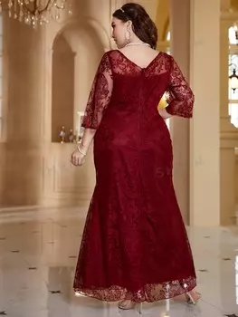 Модельное платье больших размеров, V-образный вырез, цветочный кружевной узор Shein, белый/бордовый