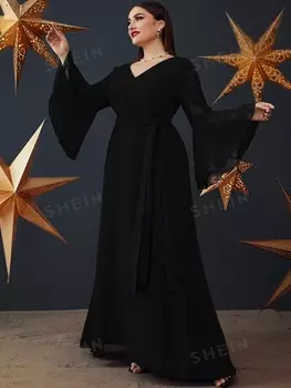 Модельное платье больших размеров, рукава с рюшами, шифоновые бретельки макси Shein, черный