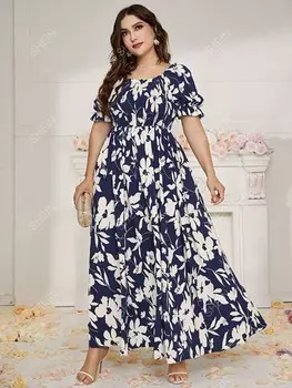 Модельное платье больших размеров, цветочный принт, плиссированная кулиска, оборчатый край, рукава-фонарики Shein, мультиколор