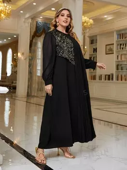 Модельное платье больших размеров, контрастные пайетки, рукава-фонарики Shein, черный