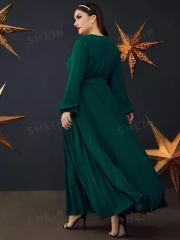 Модельное платье больших размеров, рукава-фонарики, плиссированный низ, завязки Shein, темно-зеленый