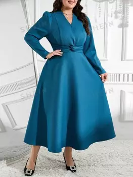 Модельное платье с Длинными рукавами, V-образным вырезом и спиральными складками Сзади есть молния Простой вид Игровой Комплект для людей с тяжелым телосложением Shein, индиго/сине-зеленый
