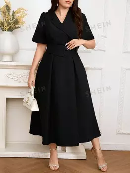 Модельное платье с Длинными рукавами, Однотонное, элегантное, для людей больших размеров, Летнее Shein, черный