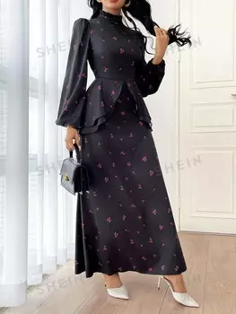 Модельное платье с длинными рукавами Весна/Осень Элегантная ткань с арабесками в виде цветов вишни для вечеринок и вечерних мероприятий Shein, мультиколор