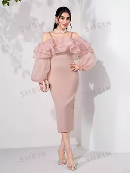 Модельное платье с открытыми плечами, рюшами, рукавами-фонариками, разрезом сзади Shein, розовый